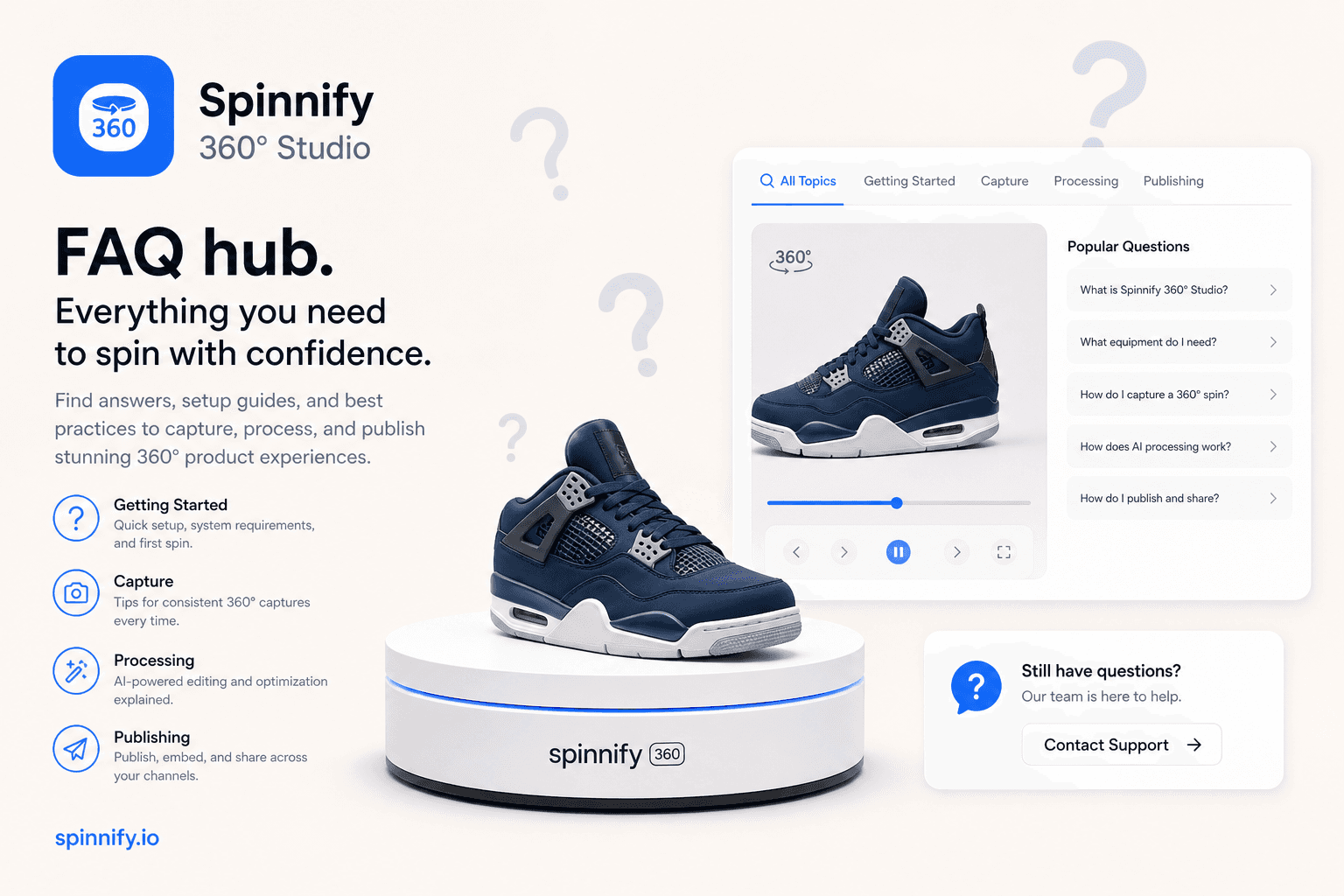 Spinnify 360° Studio: FAQ hub for 360 product viewer questions on ecommerce product pages