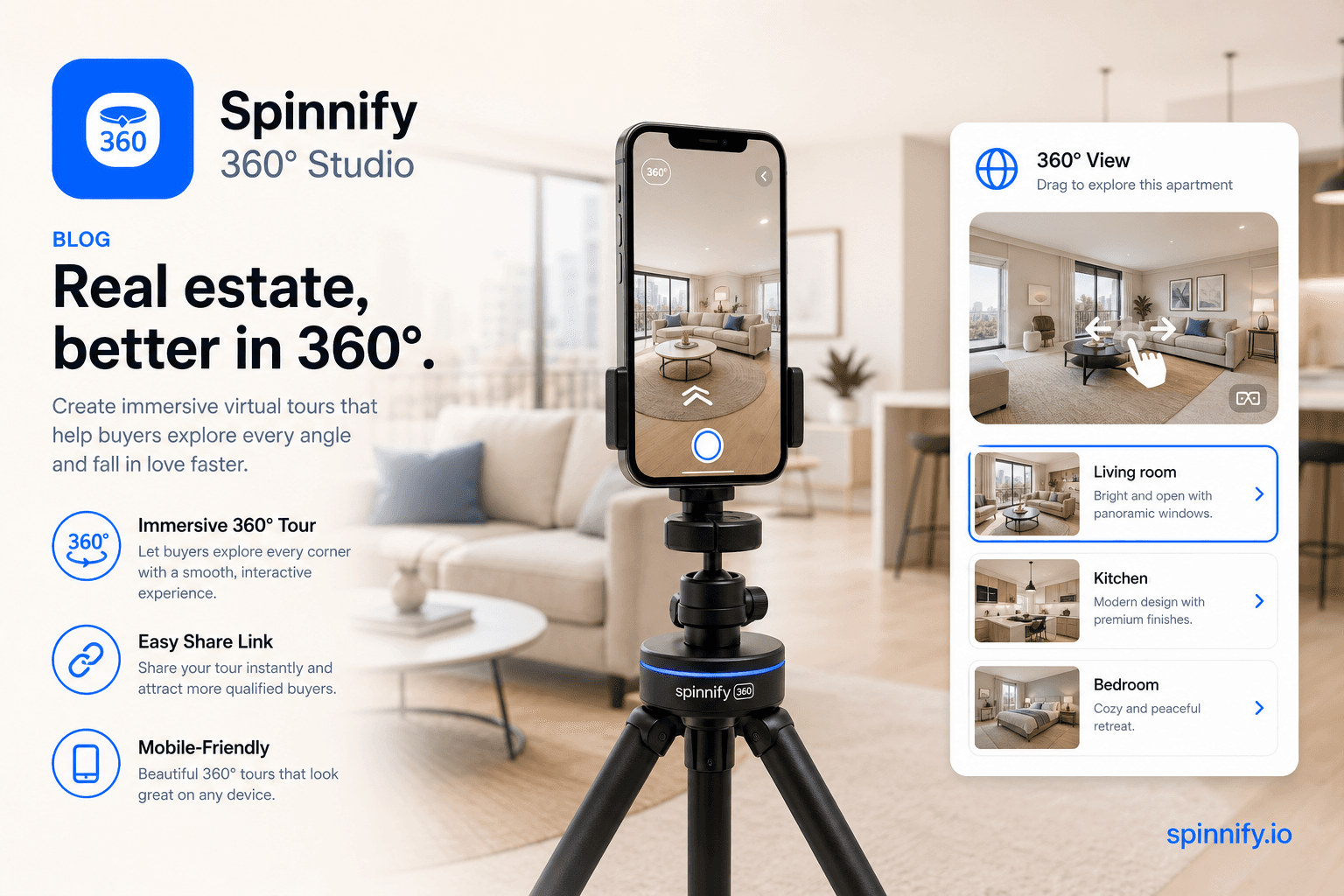 Spinnify 360° Studio hero: smartphone on a rotating tripod capturing a room for an embeddable virtual tour