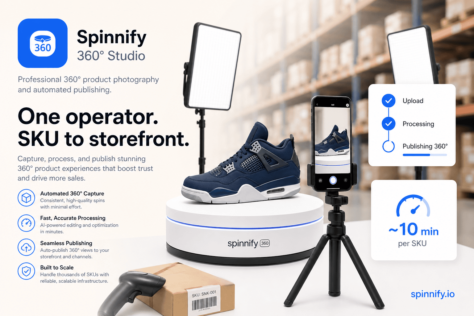 Spinnify 360° Studio branded hero: warehouse 360° capture corner with turntable and mobile app