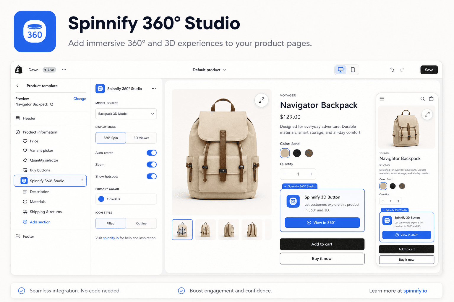 Spinnify Shopify app integration with 3D View button on product template
