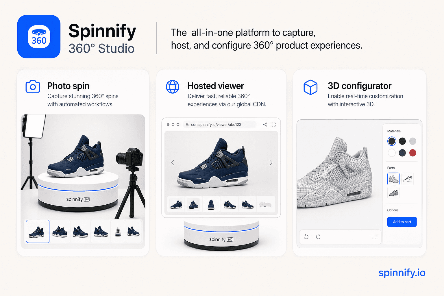 Spinnify photo spin service next to SpinShot hardware-plus-CDN and a 3D configurator