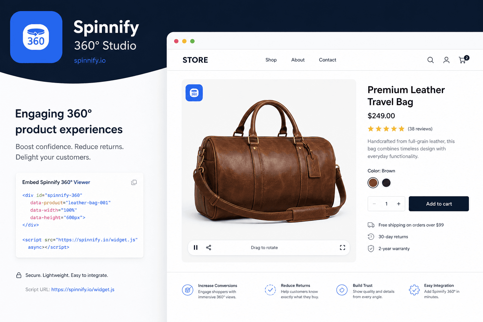 WooCommerce product page embedding Spinnify 360° viewer via widget.js