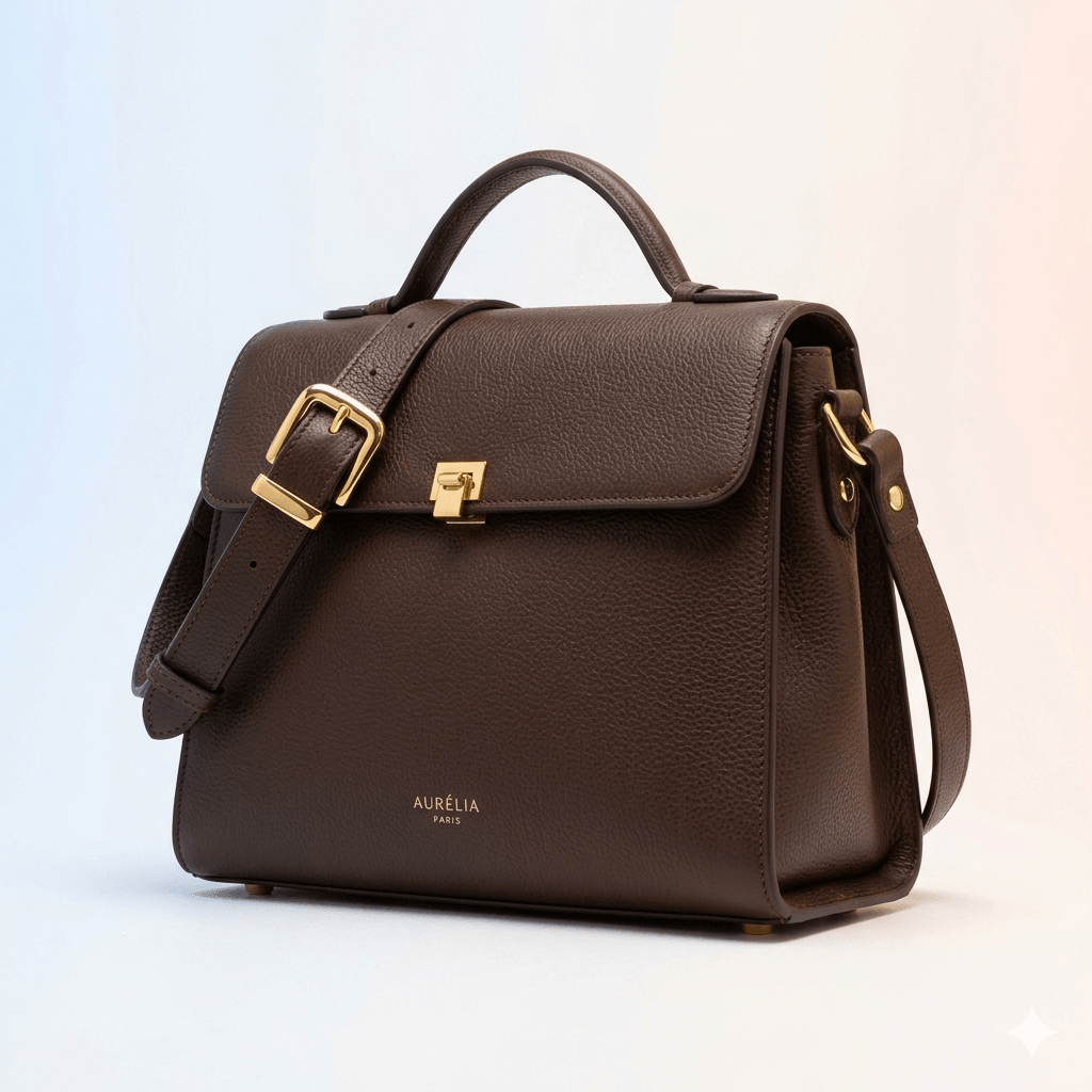 Leather handbag with interactive hotspot dots highlighting strap buckle, clasp lock, and brand logo