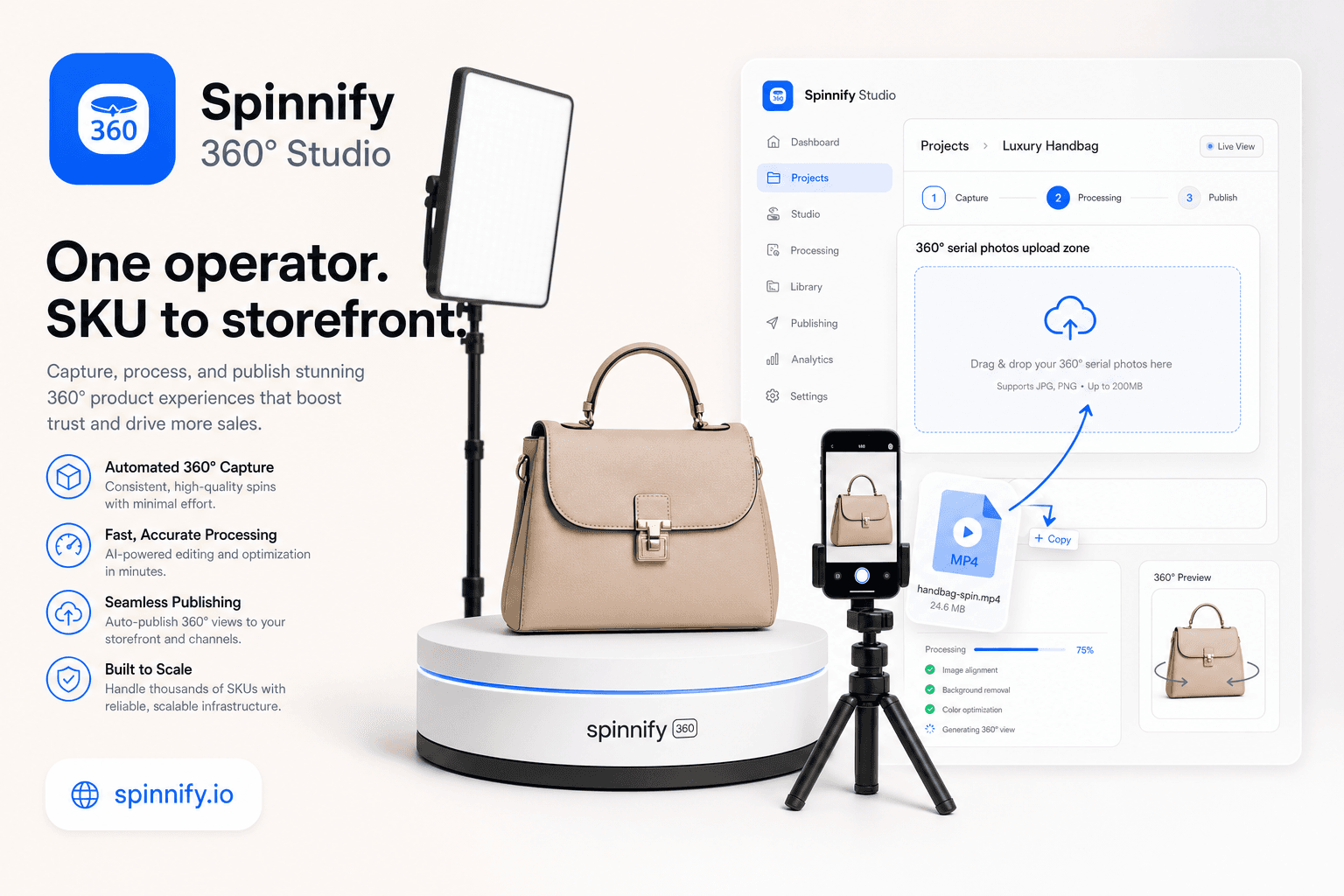 Spinnify 360° Studio: перетащите короткое видео с оборотом в зону загрузки на spinnify.io