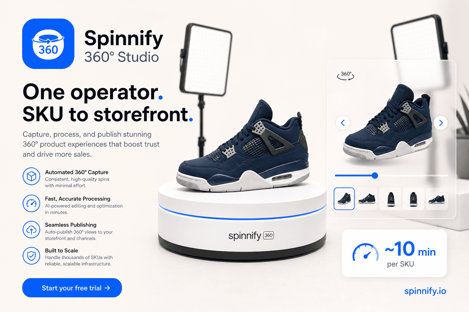 Spinnify 360° Studio: 360 product photography on a turntable published to an ecommerce product page at spinnify.io