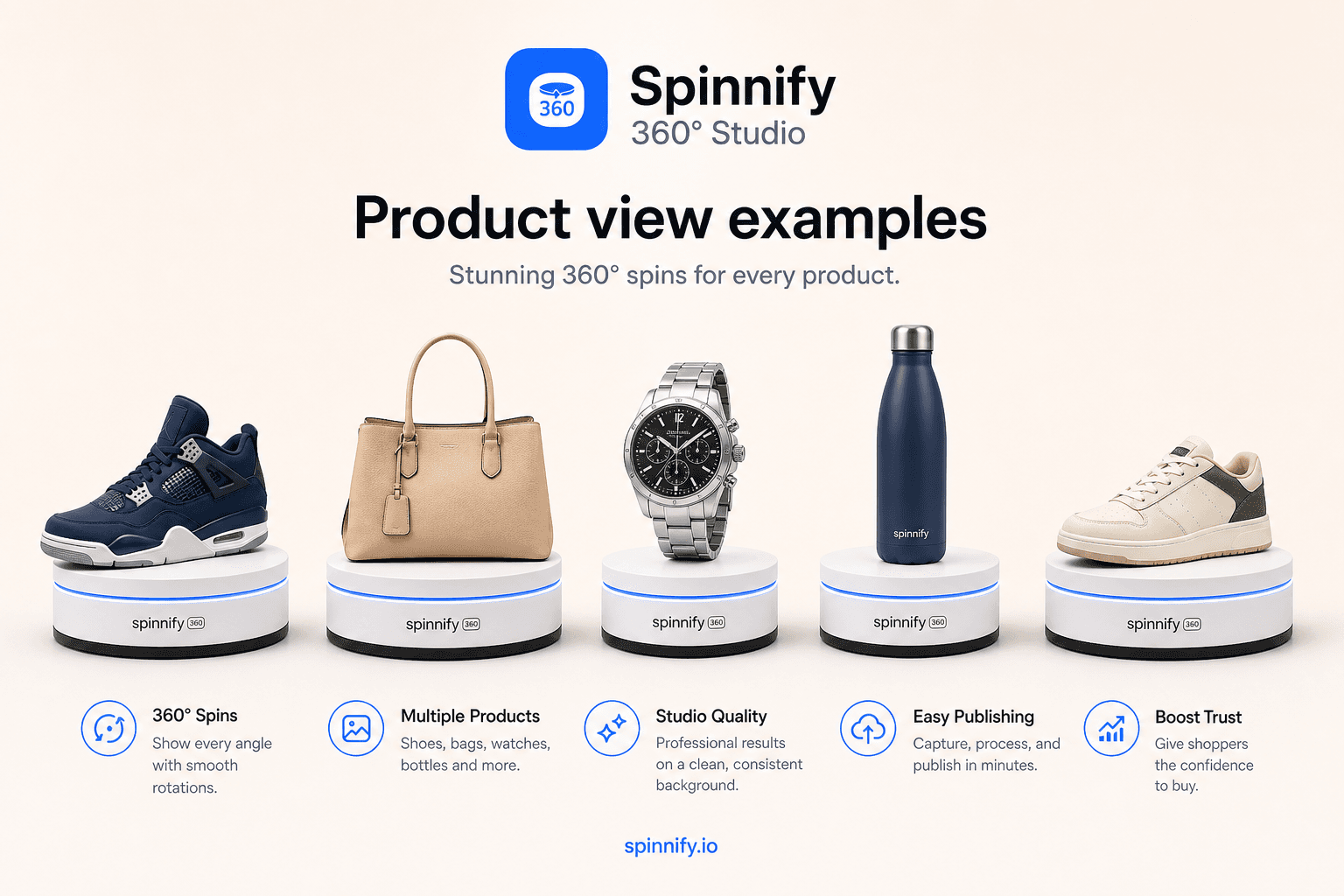 Spinnify 360° Studio: 360 product view examples across ecommerce categories