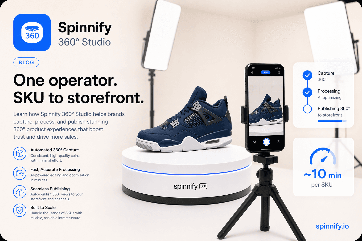 Spinnify 360° Studio: phone on a tripod facing a product turntable for 360 spin camera capture on spinnify.io
