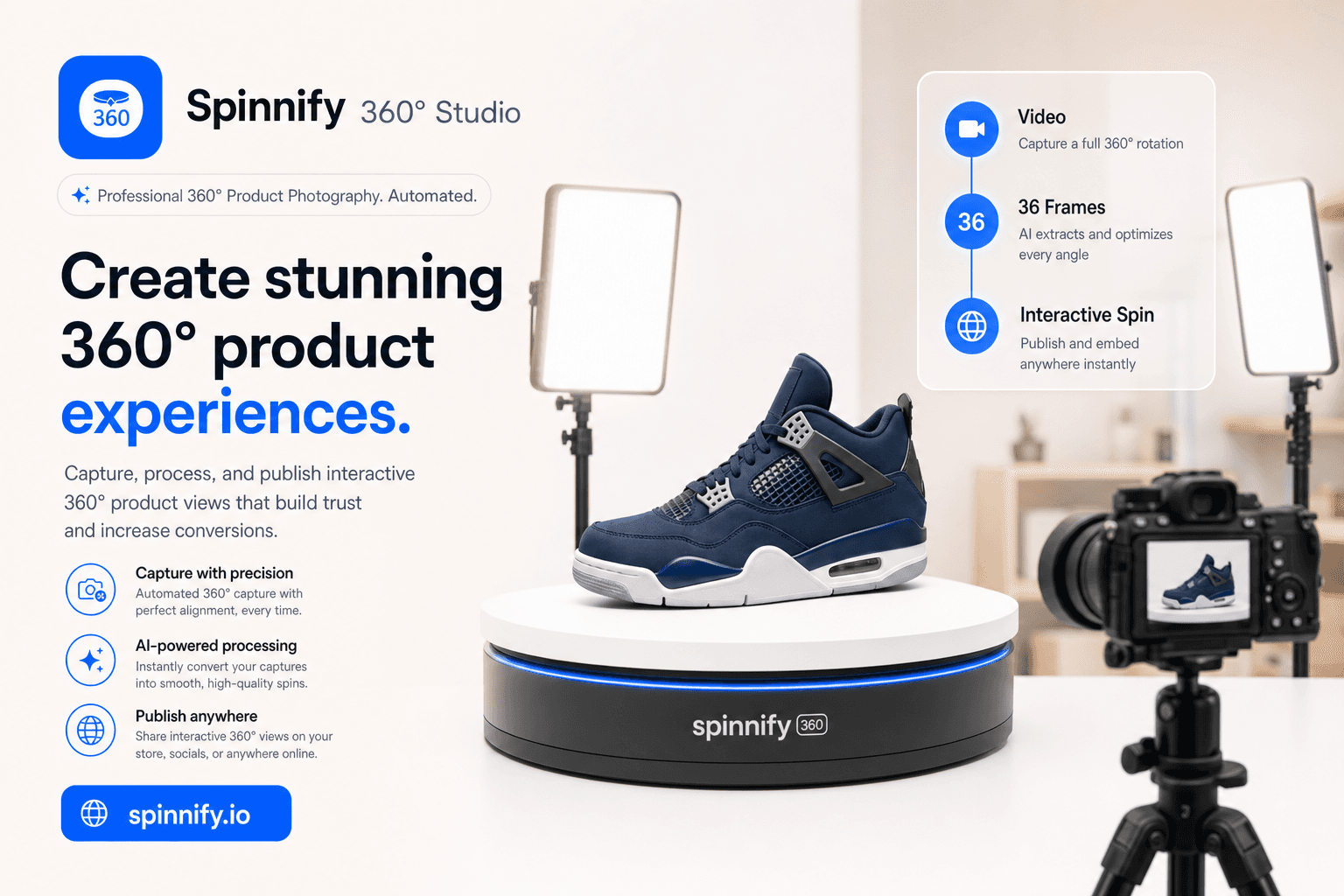 Spinnify 360° Studio: видео товара на поворотном столе становится интерактивным 360°-обзором на spinnify.io