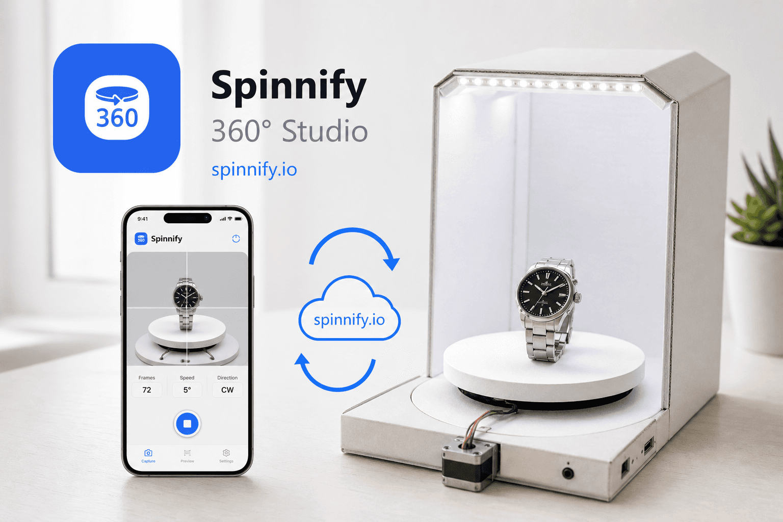 Смартфон на штативе снимает 360° на поворотном столе