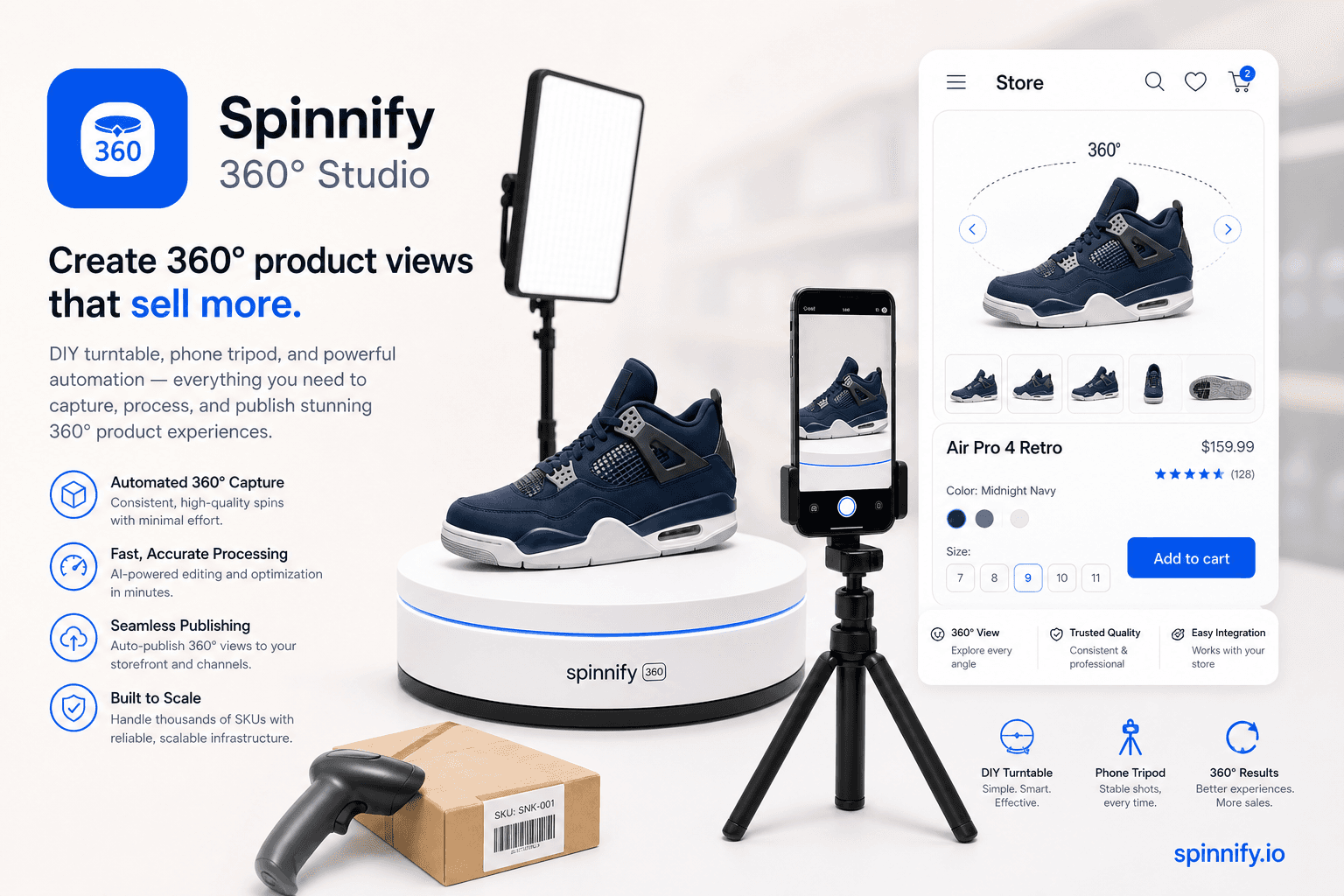Spinnify 360° Studio: поворотный стол, смартфон на штативе и 360° обзор на карточке товара