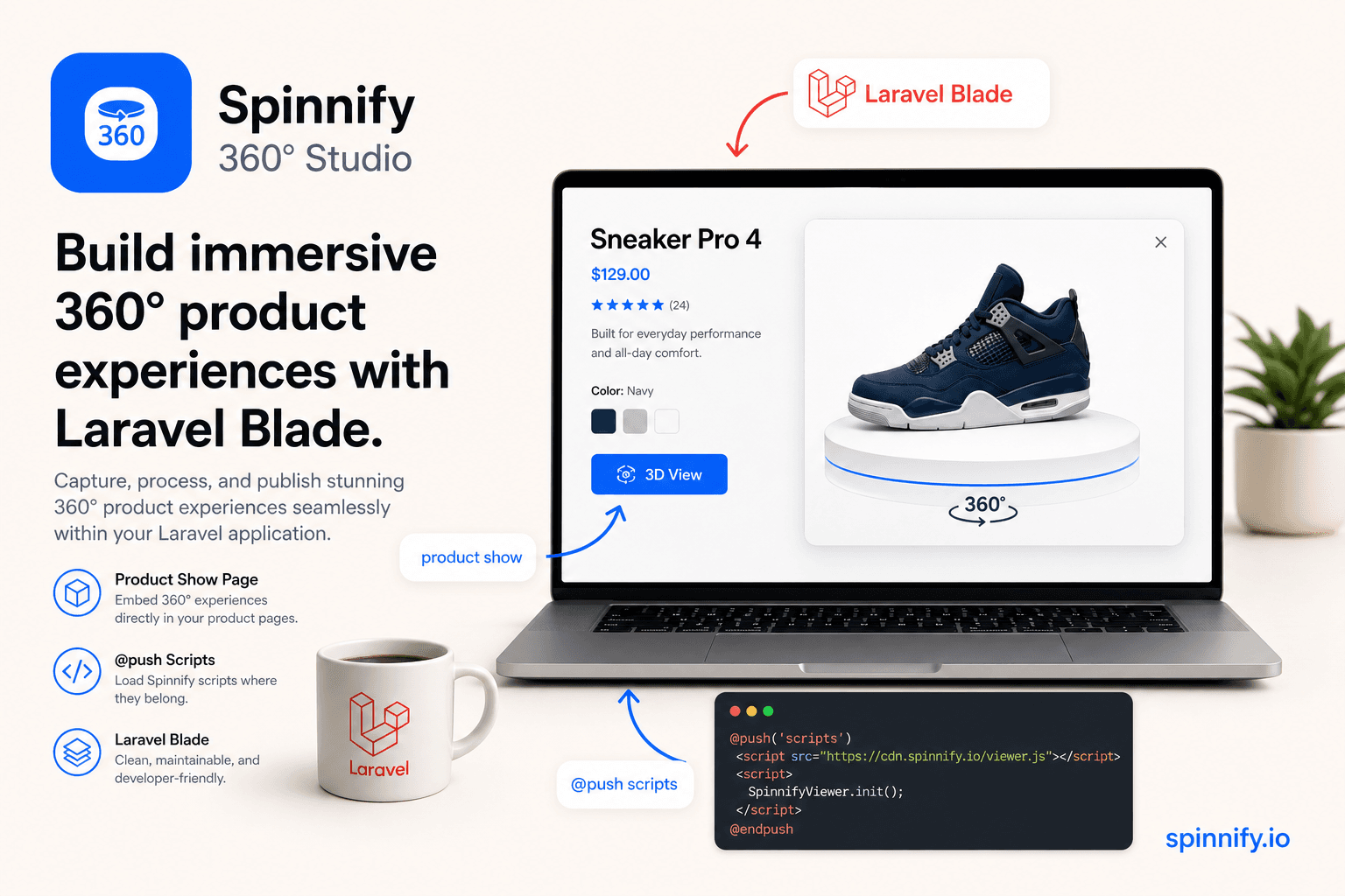 Laravel product page opening Spinnify 360° viewer in a modal overlay