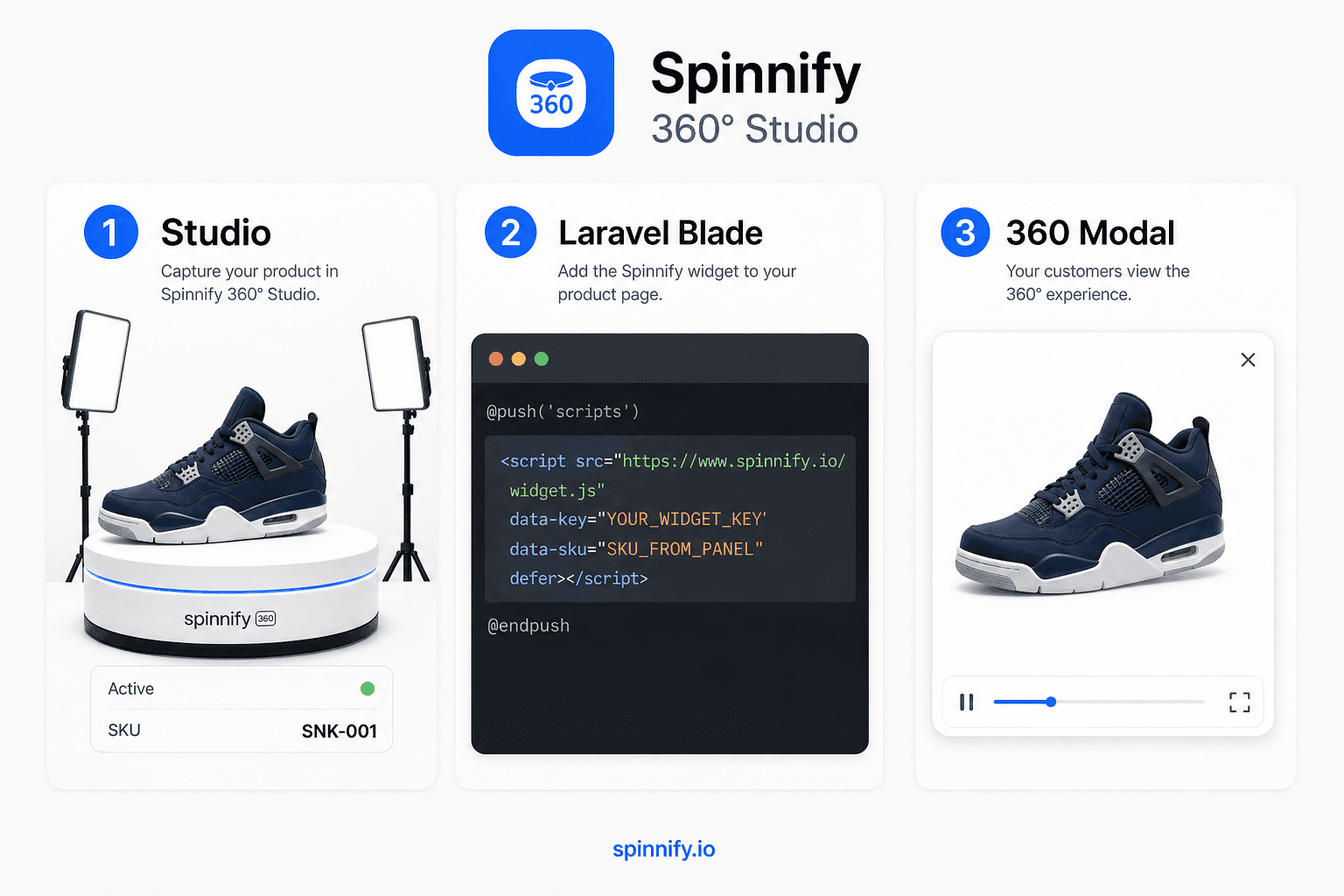 Spinnify widget.js pasted in a Laravel Blade @push on the product show view