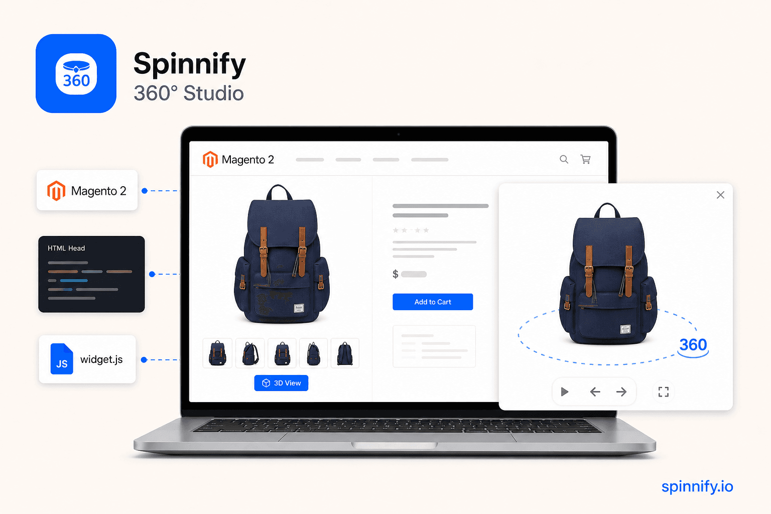 Magento 2 product page opening Spinnify 360° viewer in a modal overlay