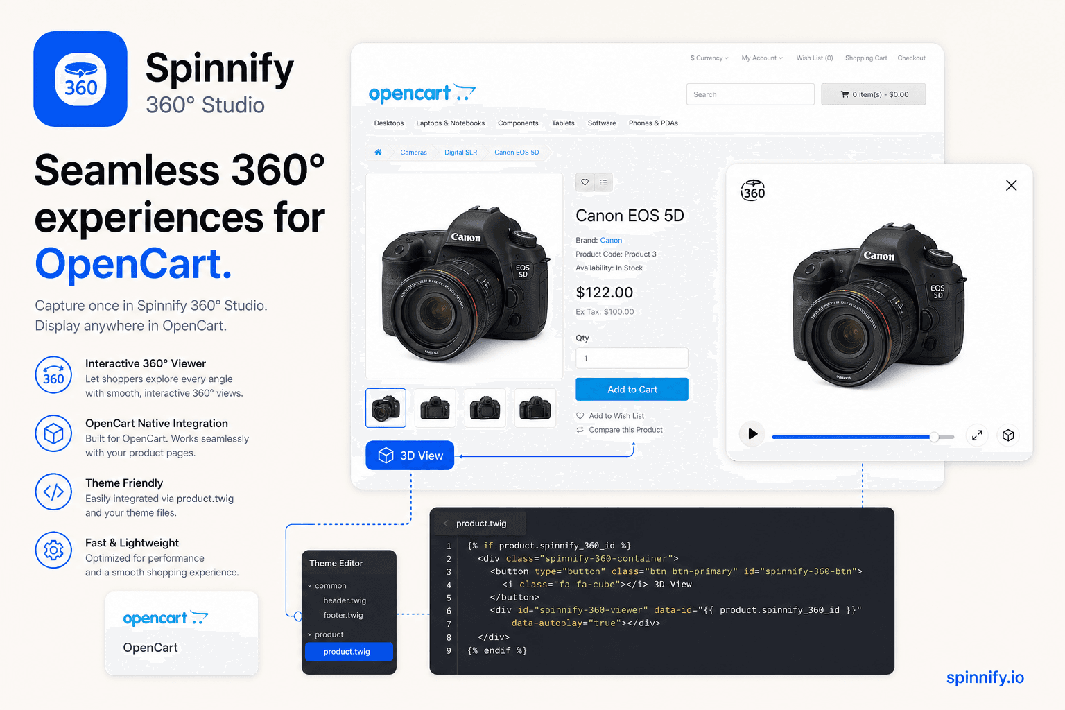 OpenCart-Produktseite öffnet den Spinnify-360°-Viewer in einem Overlay