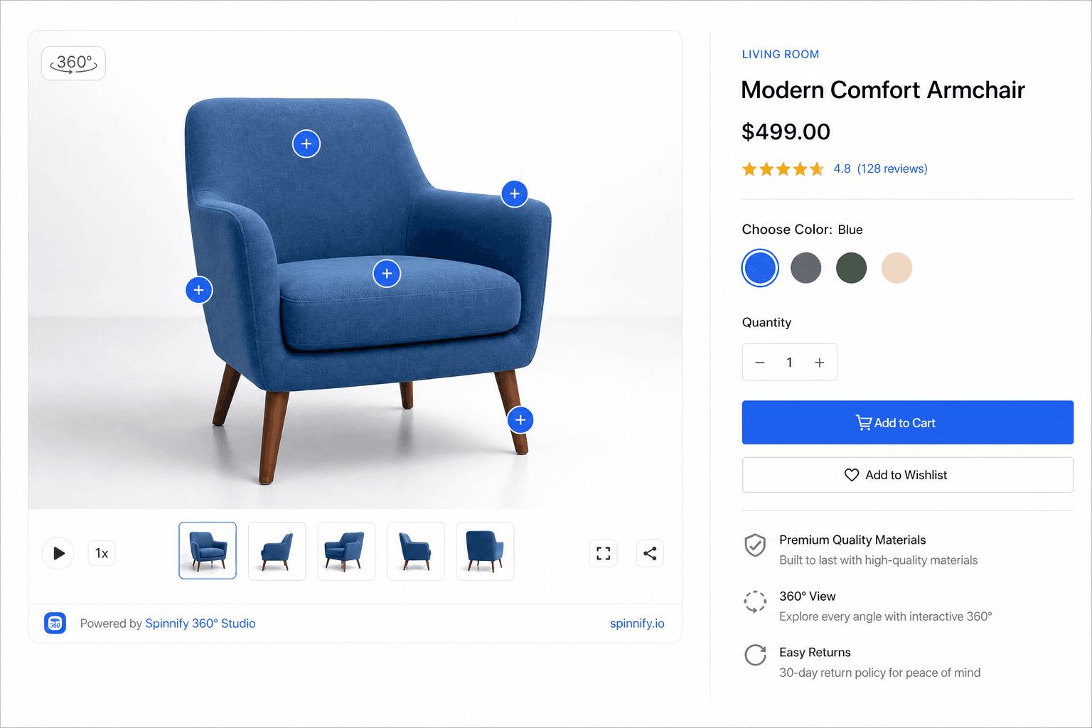 Product page with 360° rotation, zoom, and hotspots